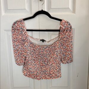Dynamite Coral Multi Floral Smocked Puff Sleeve Crop Top